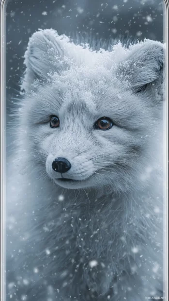 Arctic fox phone wallpaper with a curious white fox staring into the camera while snowflakes gently fall.