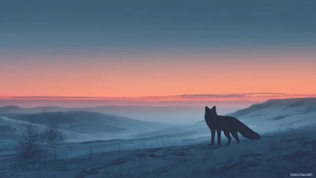 Arctic fox tundra wallpaper showing a silhouette of a fox standing against vast snowy plains at twilight.