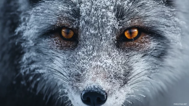 Arctic fox winter wallpaper featuring a closeup of a fox's face covered in frost with glowing amber eyes.