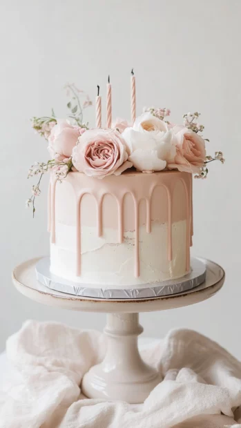 Artistic Birthday Cake in soft hues with minimalistic toppings.