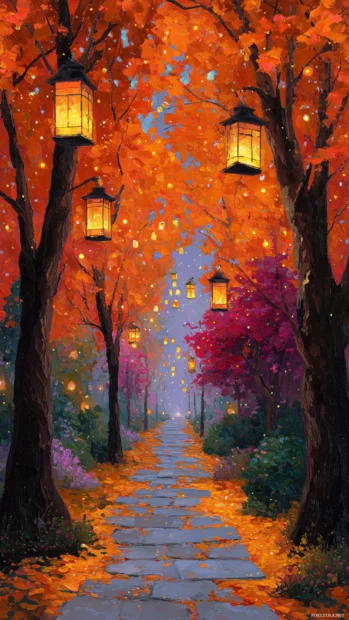 Artistic Fall vibes showcasing a pathway lined with lanterns and trees bursting with autumn colors.