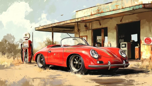 Artistic Vintage Porsche wallpaper with a hand drawn style of a Porsche Speedster parked by an old gas station.