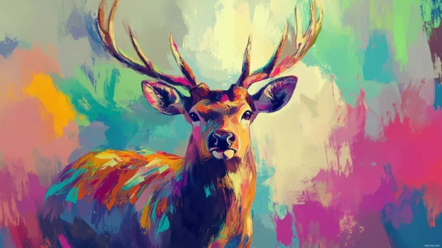Artistic deer wallpaper painted with brushstroke textures and bright expressive colors.