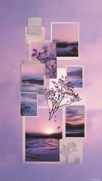 Artistic vertical layout with lavender toned mini images and calm nostalgic textures.
