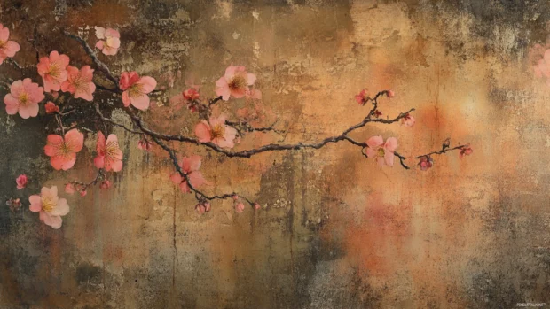 Artistic wallpaper blending Japanese cherry blossom details with watercolor effects on a textured canvas.