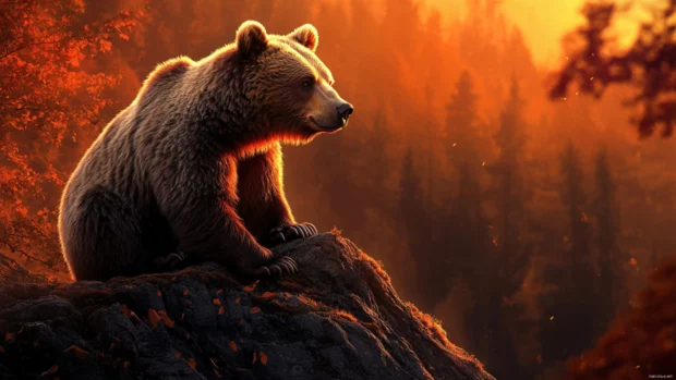 At sunset, a brown bear perches quietly on a rocky cliff, glowing in orange light, suited for a brown bear wallpaper for laptop screen.
