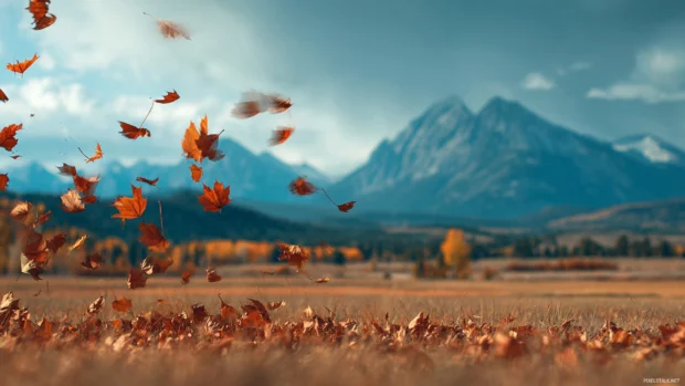 Autumn breeze carrying vivid fall leaves across an open field with mountains in the distance.