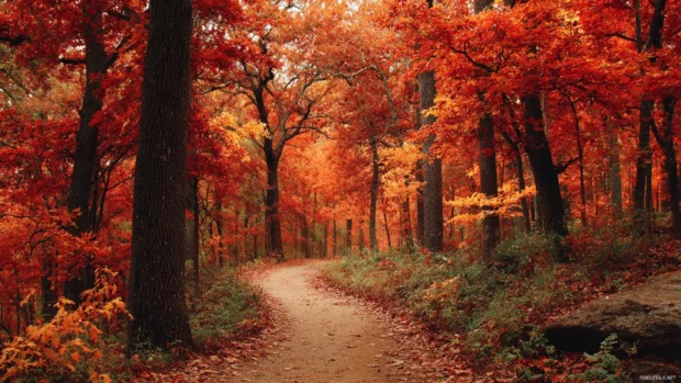 Autumn forest wallpaper capturing a winding trail through towering oaks dressed in fiery red and orange foliage.