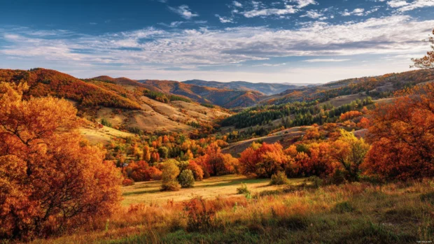 Autumn landscape wallpaper depicting rolling hills cloaked in vibrant orange and red foliage beneath a crisp blue sky.