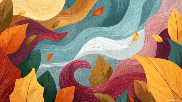 Autumn leaves Thanksgiving wallpaper featuring swirling multicolored leaves framing a harvest scene in gentle fall breeze.