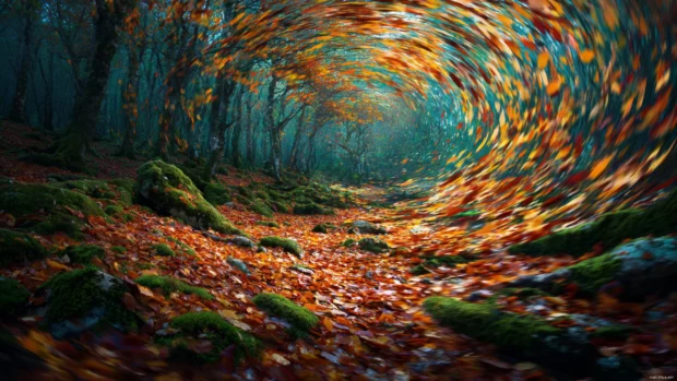 Autumn leaves desktop wallpaper showing swirling leaves in crisp breeze above moss‑covered forest floor.