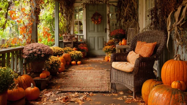 Autumn pumpkin wallpaper depicting a cozy porch scene adorned with pumpkins and gourds beside wicker chair.