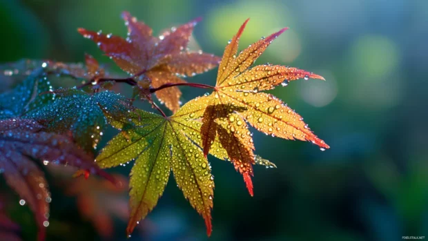 Autumn tree HD wallpaper close up showcasing dew laced leaves of a single maple tree against soft dawn light.