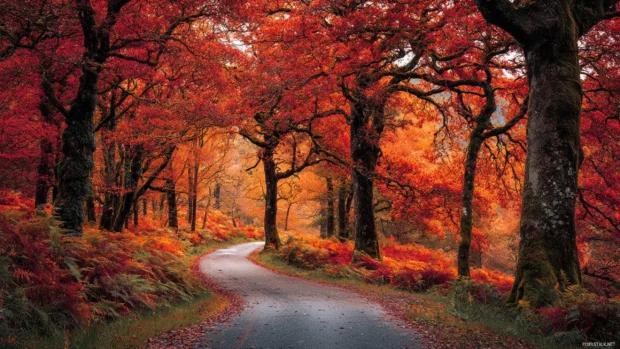 Autumn trees wallpaper featuring towering oaks ablaze in reds and oranges lining a winding woodland path.