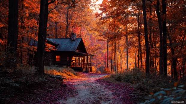 Autumn vibes wallpaper showing cozy cabin beside a fiery forest path under soft evening glow.