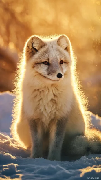 Baby arctic fox wallpaper featuring a fluffy cub sitting in snow under golden sunset glow.