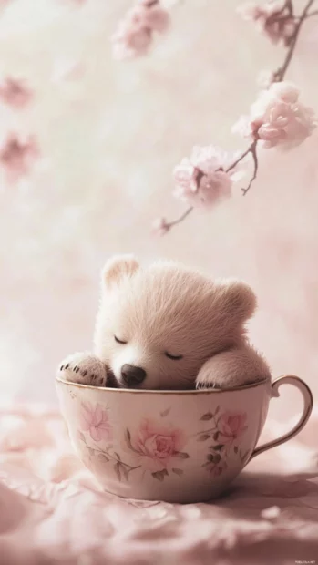 Baby bear wallpaper showing a tiny bear sleeping in a teacup with a soft pastel backdrop.