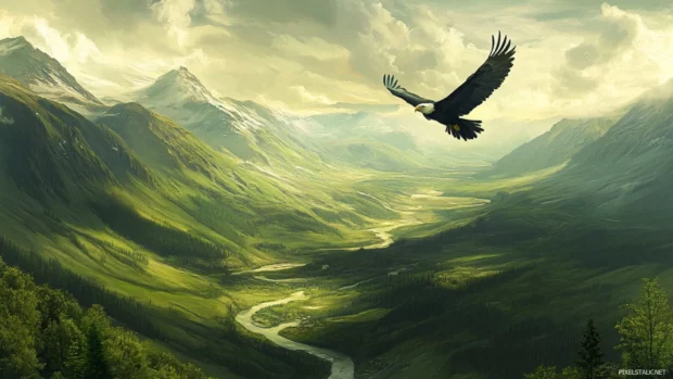 Bald Eagle floating over rolling hills and winding rivers.