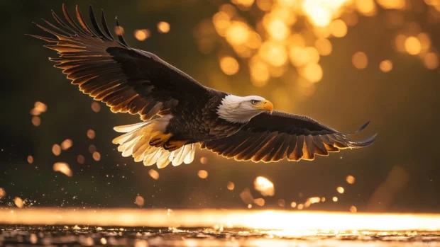 Bald Eagle flying low over a shimmering lake in golden hour light.