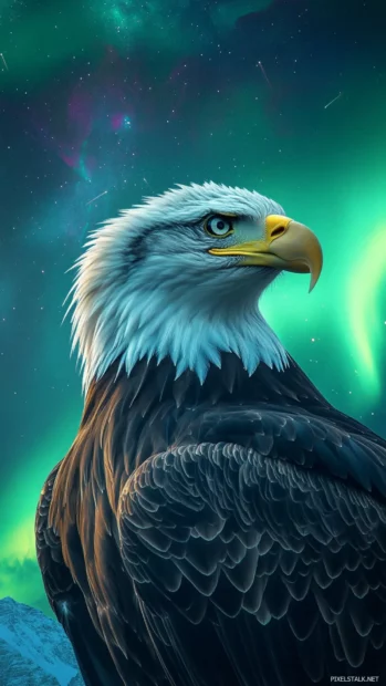 Bald Eagle framed by northern lights and starlit skies.