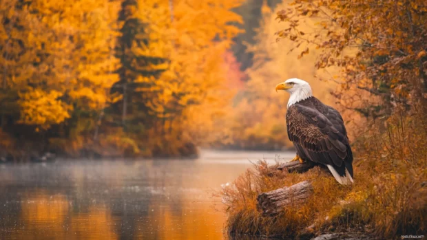 Bald Eagle resting near a calm river surrounded by fall colors.