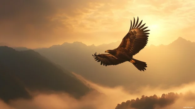 Bald Eagle soaring over misty mountains with soft golden light.