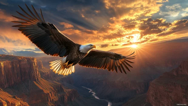 Bald Eagle spreading wings against a twilight sky over a canyon.