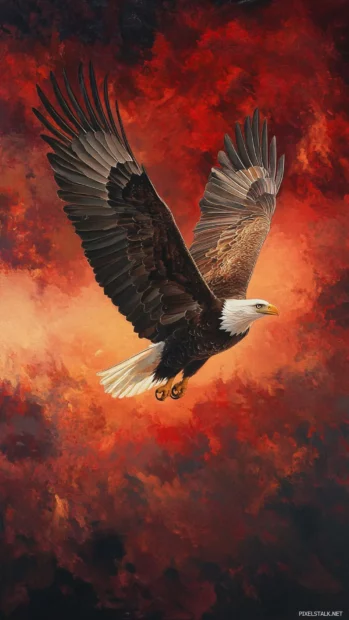 Bald Eagle wingspan stretched against dramatic red sky.