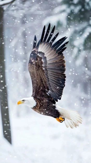 Bald eagle in snow wallpaper as it lands softly in a wintry forest clearing.