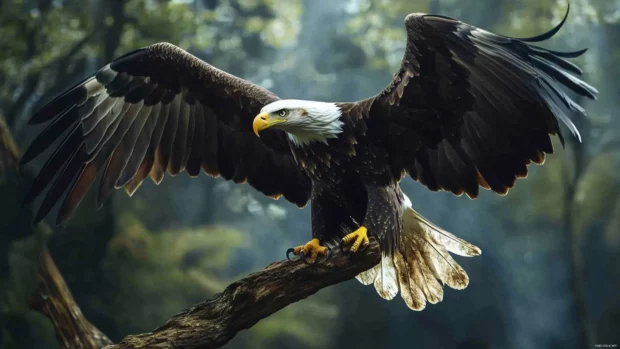 Bald eagle wallpaper 4K featuring crisp feathers and strong talons as it lands on a high branch.