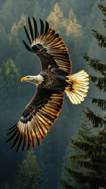 Bald eagle wallpaper for iPhone capturing the bird gliding above pine forests bathed in morning light.