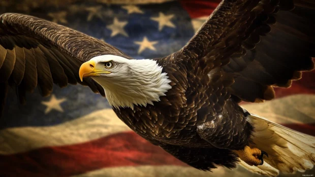 Bald eagle wallpaper with flag rippling in the background as the eagle spreads its wings heroically.