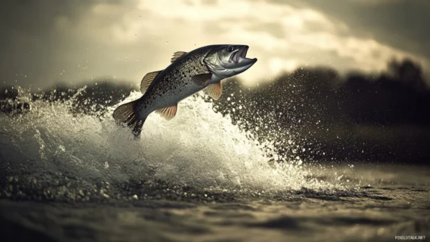 Bass fishing action shot wallpaper freezing the moment a bass jumps out of the water in dramatic motion.