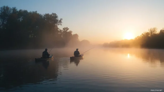 Bass fishing adventure on a foggy river just after dawn.