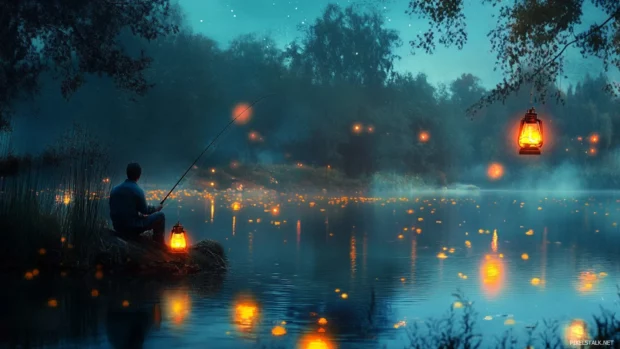 Bass fishing at twilight with glowing lanterns and reflections on water.