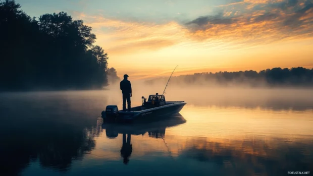 Bass fishing boat wallpaper with a lone angler standing on deck in still early morning waters.