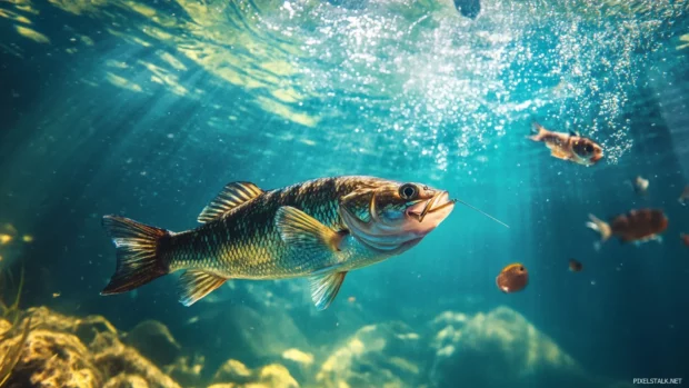 Bass fishing captured from beneath the surface showing fish and lure.