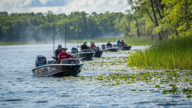 Bass fishing competition with multiple boats on a wide open lake.