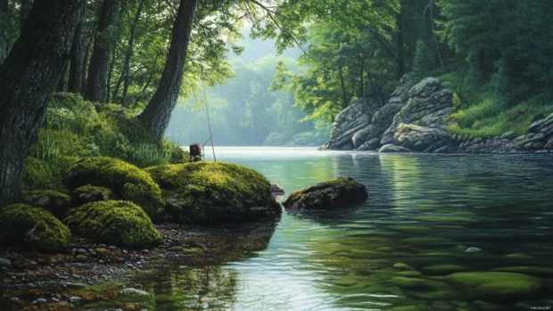 Bass fishing from the edge of a mossy, rock lined shore.