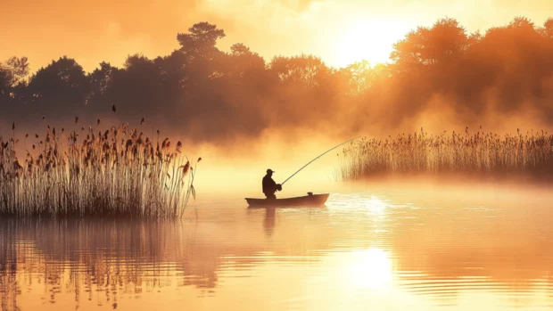 Bass fishing in a tranquil lake at sunrise, surrounded by mist and tall reeds.