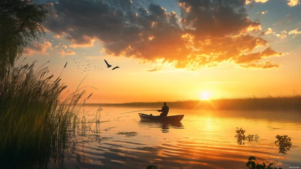 Bass fishing in a wide, peaceful delta with birds flying above.