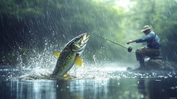 Bass fishing in the rain wallpaper showing raindrops rippling around a floating lure and patient angler.