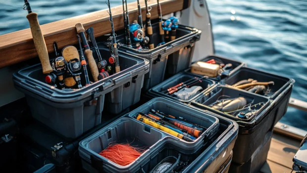 Bass fishing journey with tackle boxes, rods, and bait in focus on the deck.