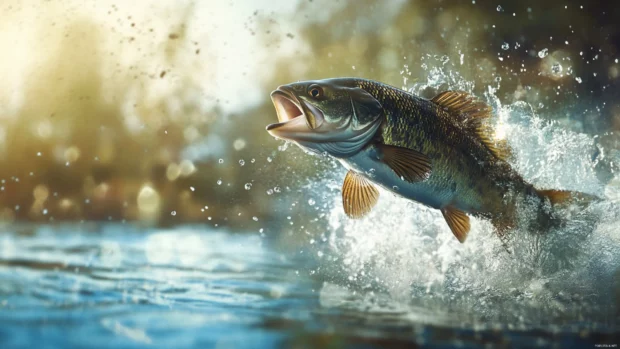 Bass fishing jump wallpaper with water erupting as the fish breaks the surface in powerful motion.