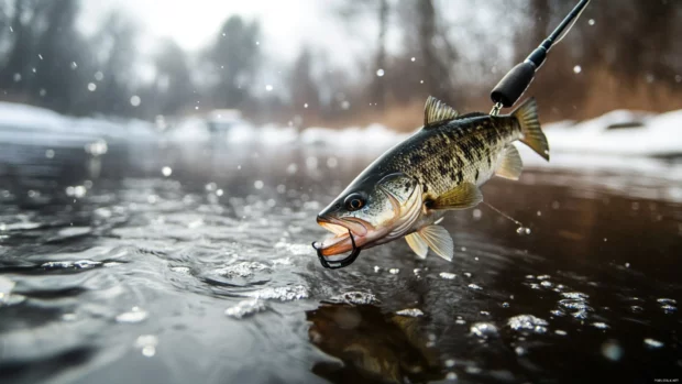 Bass fishing moment frozen as the rod bends dramatically mid catch.