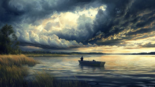 Bass fishing scene under dramatic stormy clouds over the lake.