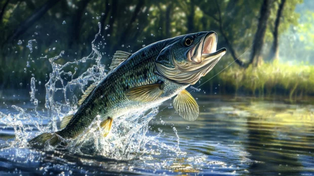 Bass fishing wallpaper capturing crystal clear splash as a bass strikes the lure near the surface.