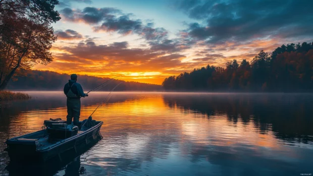 Bass fishing wallpaper for desktop with vibrant natural tones, realistic gear, and scenic reflections.