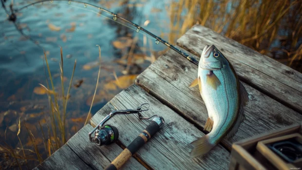 Bass fishing wallpaper with rod and reel placed carefully beside a bait box on a weathered dock.