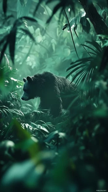 Bear caught mid step in a dense green jungle, perfectly realistic lighting.